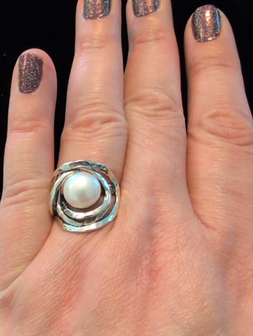 Sterling Silver Pearl Spiral Cocktail Ring With White Pearl